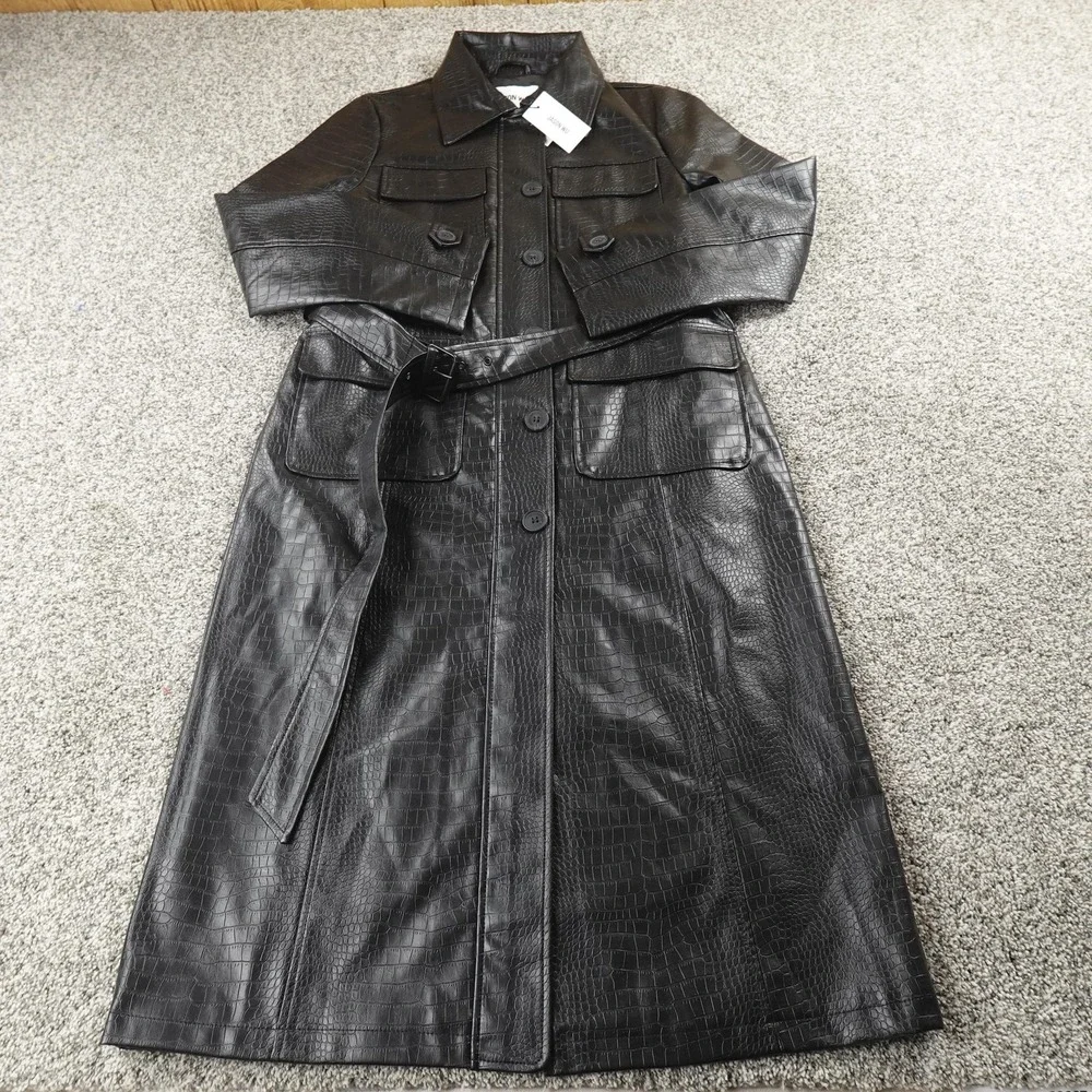 Jason Wu Jacket‎ Womens M Black Faux Leather Long Trench Coat Parka Belted Croc